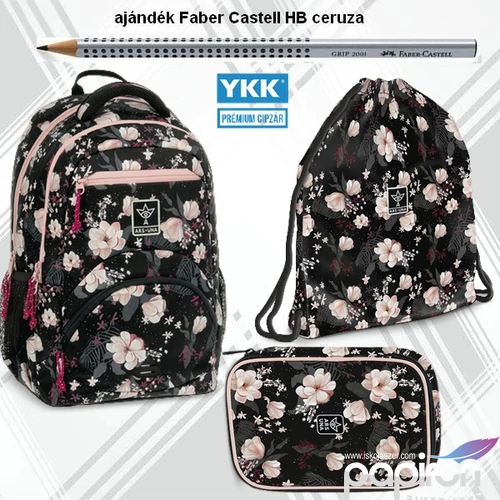 Iskolatáska szett Ars Una 24 Flower iskolatáska, tolltartó, tornazsák Fekete Virágos