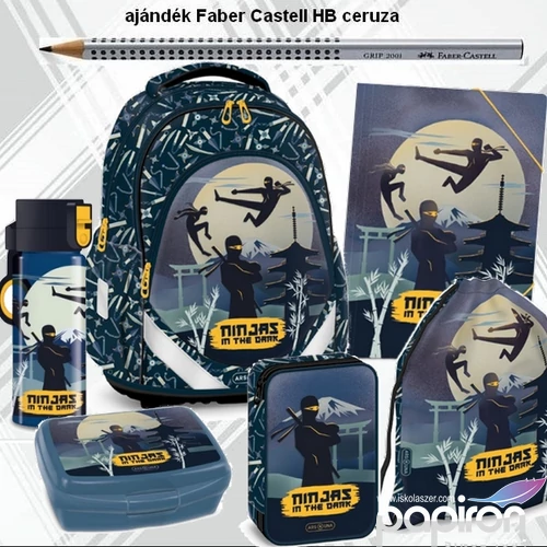 Iskolatáska szett Ars Una 25 Ninjas in the dark táska, tolltartó tornazsák, kulacs, uzsidob. gumis mappa