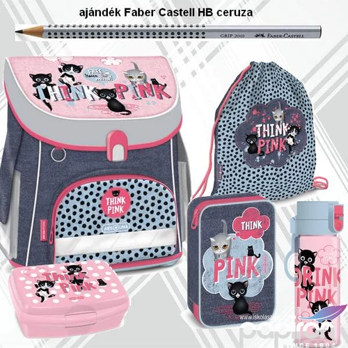 Iskolatáska szett Ars Una 23 Think Pink cicás iskolatáska tolltartó, tornazsák kulacs uzsonnásdoboz