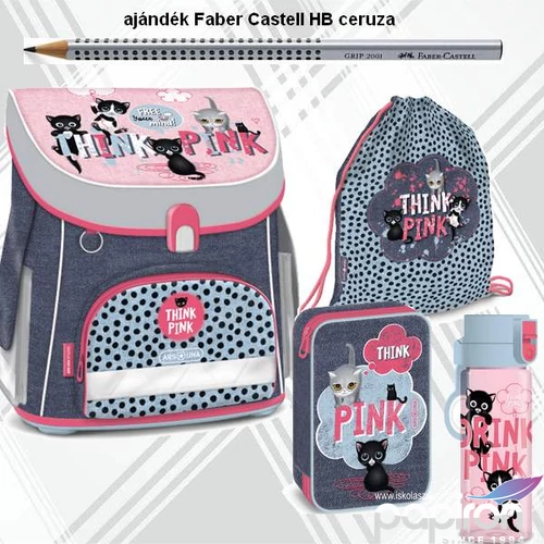 Iskolatáska szett Ars Una 23 Think Pink cicás iskolatáska tolltartó, tornazsák kulacs