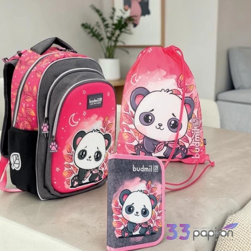 Iskolatáska szett Budmil 26' pink mintás-pandás táska,tolltartó,tornazsák
