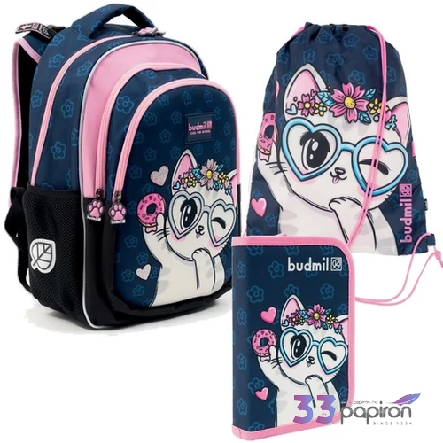 Budmil 26' sötétkék-pink mintás cicás iskolatáska szett