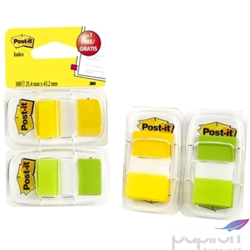 Jelölőcímke 3M POSTIT 25x43mm műanyag 2x50lap, sárga és zöld Irodai kiegészítők