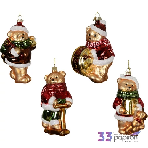 Karácsonyfa dísz maci üveg maci hangszerrel 4 féle SDKAE25 10,5x8x16cm kézzel festett 1db/ár