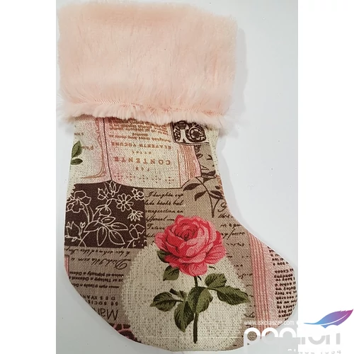 Karácsonyi dísz csizma 17cm textil anyagú, szőrmés szegéllyel rózsaszín-barna