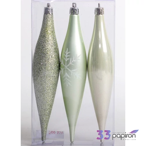 Karácsonyfa csepp 15cm 3db 15cm csepp, matt fényes glitteres 3/15MM/MENTAZÖLD
