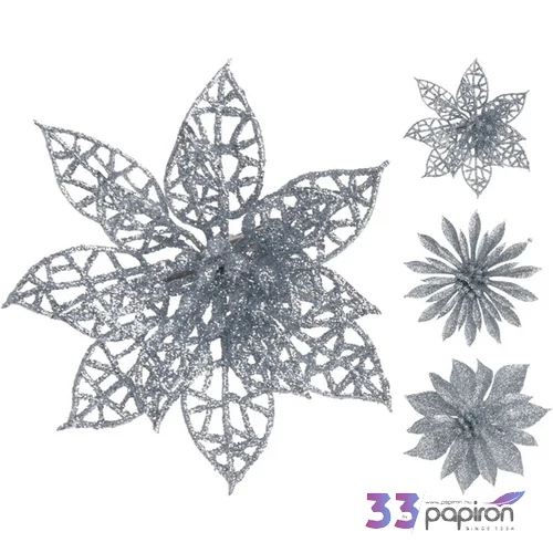 Karácsonyi 8cm glitteres pick 23 ezüst és fehér szín, 3féle típus csíptetős dísz fenyődísz