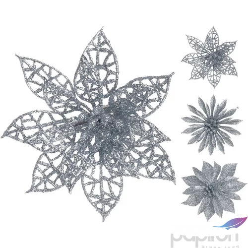 Karácsonyi 8cm glitteres pick 23 ezüst és fehér szín, 3féle típus csíptetős dísz fenyődísz