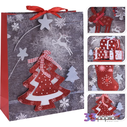 Ajándéktasak karácsonyI 3féle mintával szürke piros glitteres 3D mintával