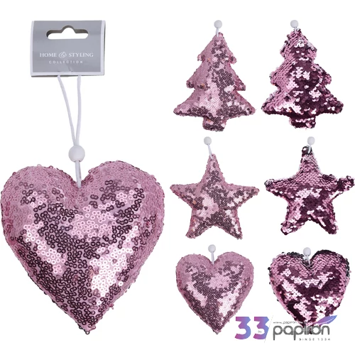 Karácsonyi 13cm szív flitteres simogatós fenyő-csillag-szív, ezüst pink fenyődísz dekor