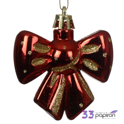 Karácsonyi dekor akasztós 24' piros arany masni, műanyag glitteres 6cmx6cm sdkae 2db/szet