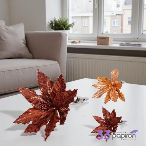 Dekor virág barna arany Mikulásvirág 12cm csíptetővel 2féle KPM25