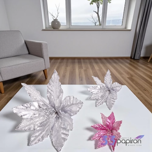 Dekor virág ezüst rózsaszín metál glitteres flitteres Mikulásvirág 2féle 12cm mintás KPM25