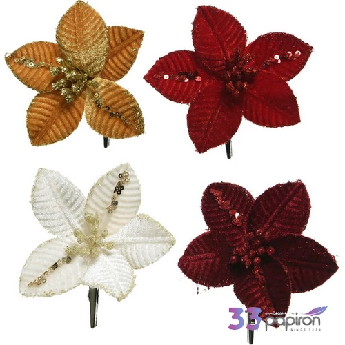 Karácsonyi dekor fehér mikulásvirág csiptetős 10x2cm  SDKAE25 4 féle