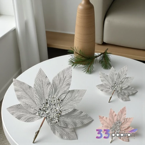 Dekor virág ezüst rózsaszín Glitteres flitter levél csiptetővel 25cm 2féle ezüst, púder rózsaszín  KPM25