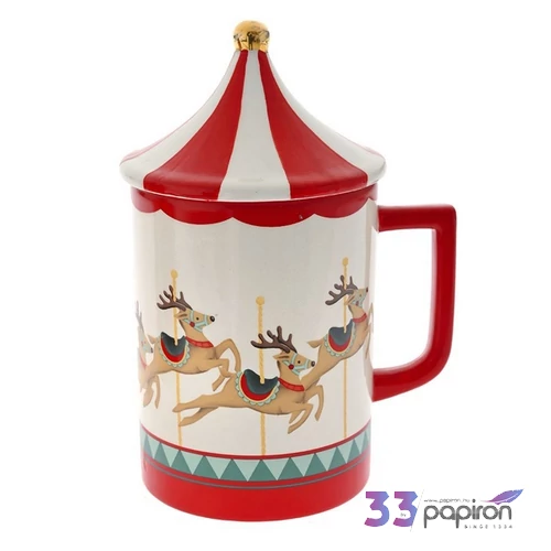 Bögre karácsony körhintás 23 fehér/piros 11x9x16cm kézzel festett egyedi különleges darab