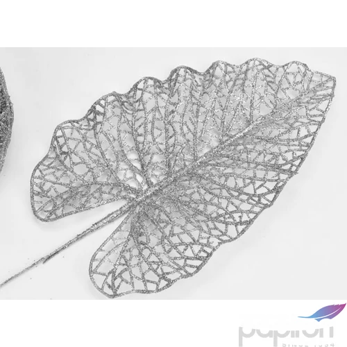 Karácsonyi dekor pick ág Ezüst színű csillámos philo levél 13x32cm Karácsonyi ág dekoráció