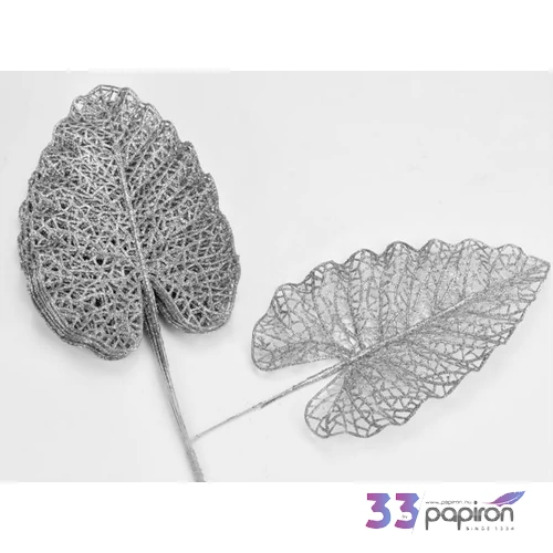 Karácsonyi dekor pick ág Ezüst színű csillámos philo levél 13x32cm Karácsonyi ág dekoráció