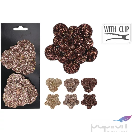 Karácsonyi Selyemvirág - művir csiptetős, glitteres 8cm barna arany rosegold fenyődísz 2db/biszt