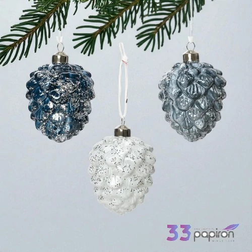 Karácsonyi fenyődísz 24' toboz, üveg, ezüst glitteres 3 féle/dobo 8cmx8cmx10cm sdkae