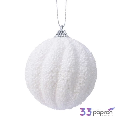 Karácsonyi fenyődísz gömb 24új glitteres,csavart mintás fehér D.8cm sdkae