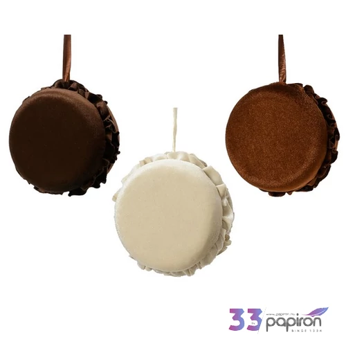 Karácsonyi fenyődísz gömb 24új macaron süti plüss, 3 féle pézs, barna, s.barna, 11cm exkluzív gömb sdkae