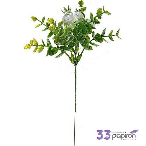 Karácsonyi pick ág 20cm Leveles ág hungarocell bogyós terméssel ezüst glitter-flitter dekorral