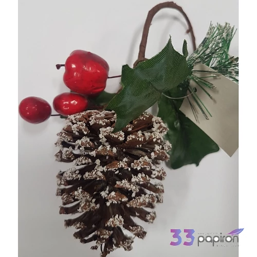 Karácsonyi pick fenyő ág 40cm havas piros bogyó, alma, toboz dekorral szálas