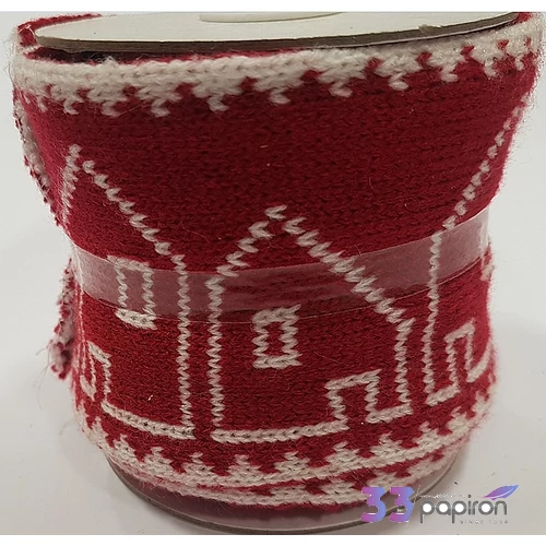 Karácsonyi textil dekor 2m piros-fehér színű házikó dekoros textil, koszorú és fenyőfa dekorálására