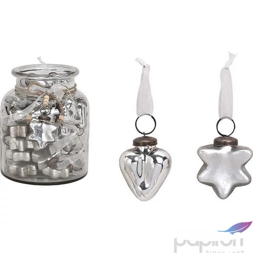 Karácsonyi 5cm dísz antik 20' szív-csillag silver 5x5x1 fenyődísz kézzel festett nehéz üvegből
