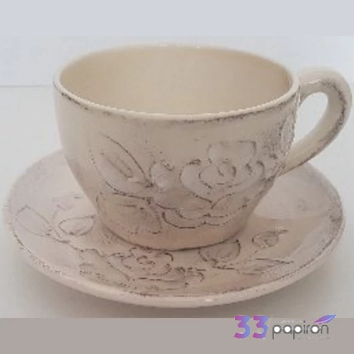 Kerámia cappucino csésze Domború mintás virágos natúr kézzel festett-1,5dl