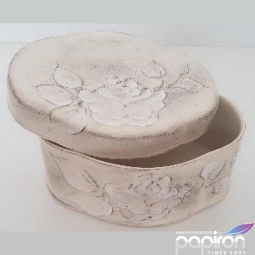 Kerámia doboz 15,5x11,5x8,5cm Domború mintás virágos natúr kézzel festett