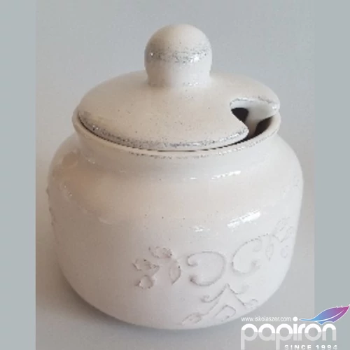 Kerámia méztartó 0,5l Romantik csipkés dia11,5 x12cm,natur kézzel festett-csurgatóval