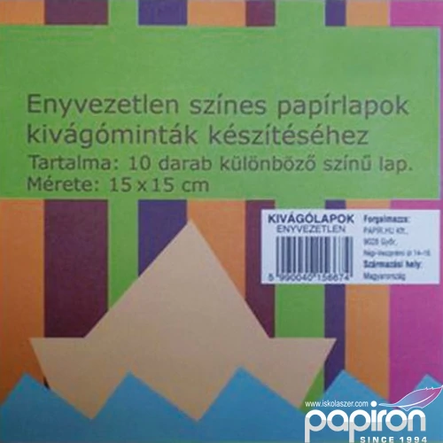 Kivágólap színes 15x15 70g/m2 10különböző szín (10ív/csom) origámi lap