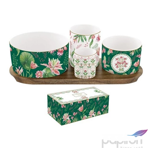 Kínálótálka szett Porcelán 4db-os, Botanic chic Akácfa tálcán, dobozban