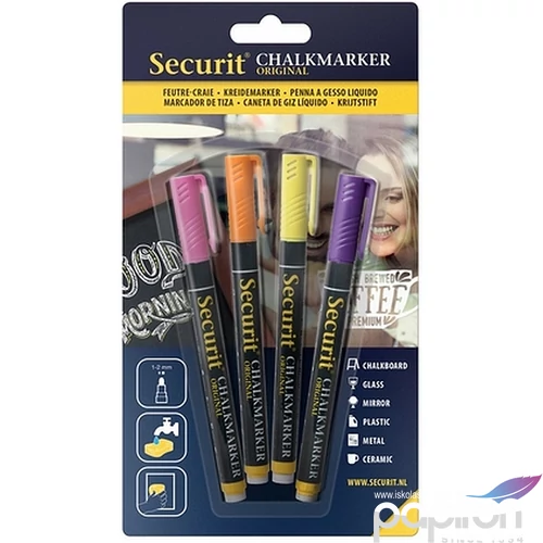 Krétamarker készlet 4db-os Securit vékony, 1-2 mm Sárga, Rózsa, Narancs, Lila üvegmarker