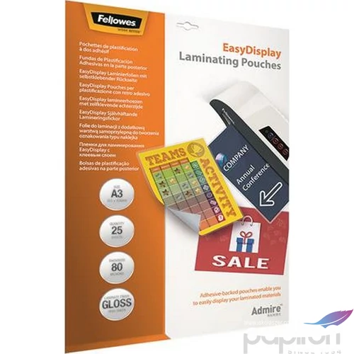 LamináLó fólia 80 mik Fellowes Meleglamináló-fólia A3 fényes öntapadó 25 db