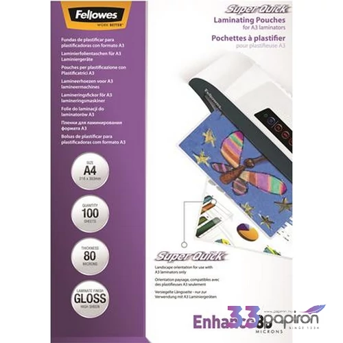 LamináLó fólia 80 mik Fellowes Meleglamináló-fólia A4 SuperQuick, fényes, 100db