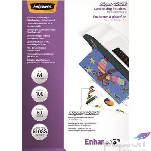 LamináLó fólia 80 mik Fellowes Meleglamináló-fólia A4 SuperQuick, fényes, 100db