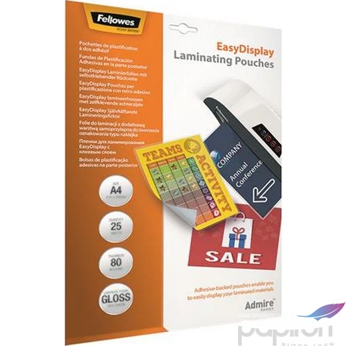 LamináLó fólia 80 mik Fellowes Meleglamináló-fólia A4 fényes öntapadó 25 db