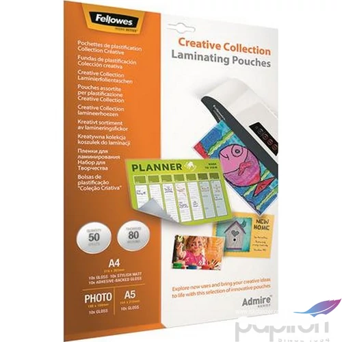 LamináLó fólia 80 mik Fellowes Meleglamináló-fólia matt 50 db