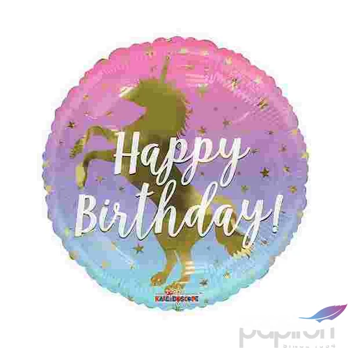 Paty lufi fólia 18'/46cm kerek Happy Birthday feliratos, Unikorn mintás 16032-18
