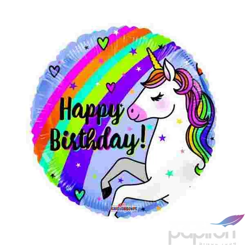 Paty lufi fólia 18'/46cm kerek Happy Birthday feliratos, Unikorn mintás 16035-18