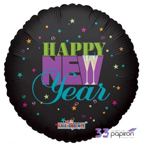 Partylufi fólia 18' Happy New 18inch/45cm fekete,színes betűkkel