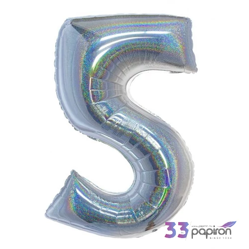Partylufi fólia '5' 40inch 102cm ,hologram ezüst XL number balloon Fólia Léggömb+hélium