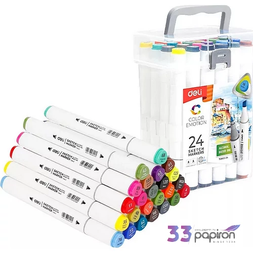 Marker kétvégű Sketch /24db-os Deli háromszögletű forma, alkoholos bázi kerek hegy: 3mm, vágott hegy: 7mm