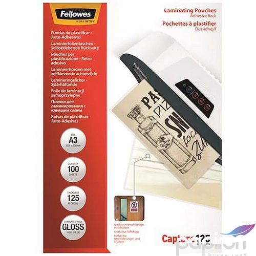 Meleglamináló fólia Fellowes 125 mikron, A3, fényes, öntapadó, 100 db 