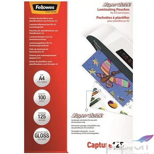 Meleglamináló fólia Fellowes 125 mikron, A4, SuperQuick, fényes,100db 