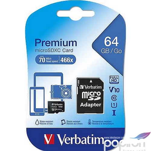 Memóriakártya microSDXC 64GB VERBATIM Premium adapterrel 70/10MB/s Adattárolók VERBATIM 44084