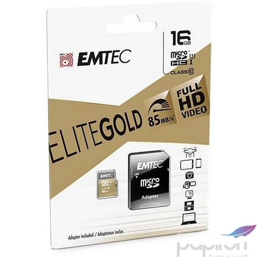 Memóriakártya microSDHC 16GB UHS-I/U1 85/20 MB/s adapter EMTEC Elite Gold